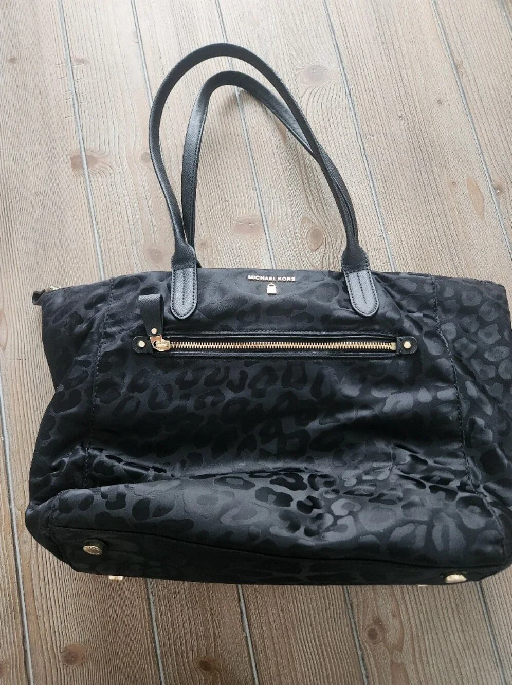 Michael Kors Black Leopard-Print Jacquard Tote with Gold Hardware